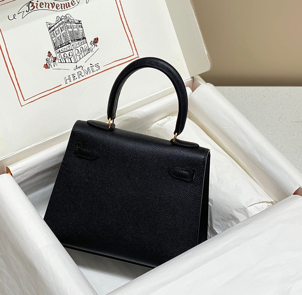 Hermes Kelly Mini 20 Bag in Black Calfskin with Gold Hardware