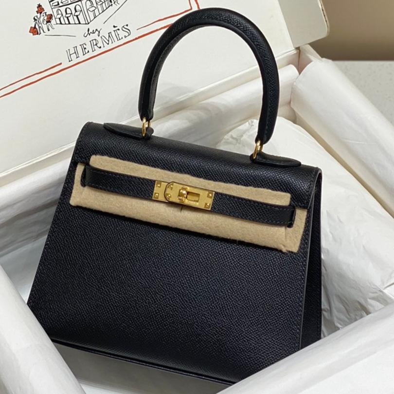 Hermes Kelly Mini 20 Bag in Black Calfskin with Gold Hardware