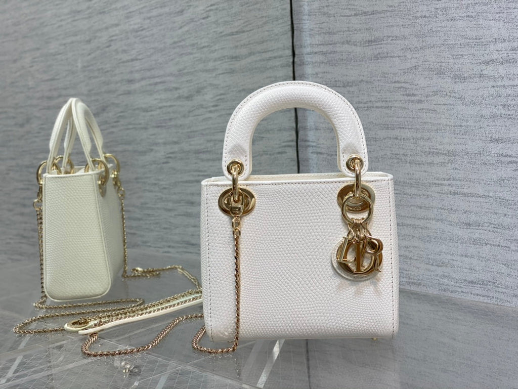 Dior Mini Lady 17 Bag in White Embossed Lambskin with Golden Clasp