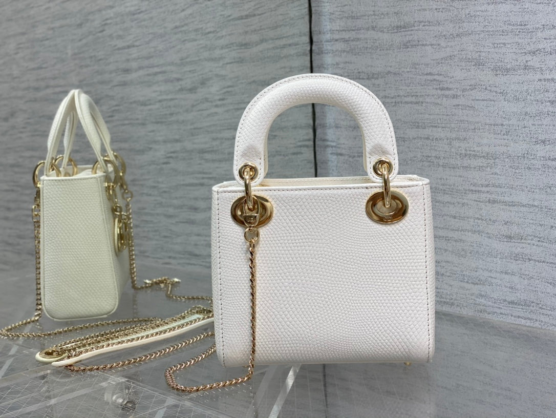 Dior Mini Lady 17 Bag in White Embossed Lambskin with Golden Clasp