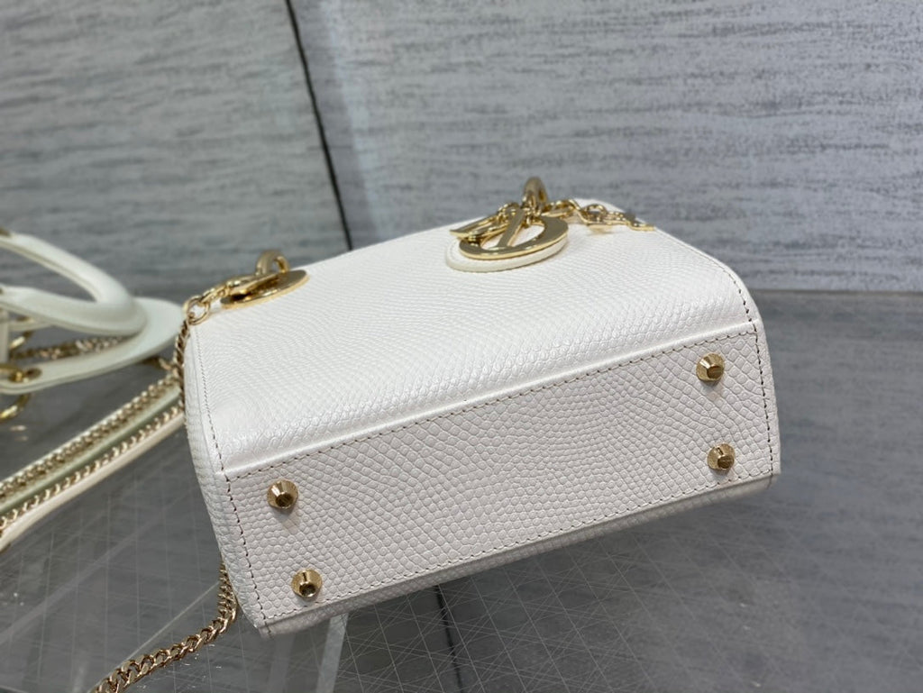 Dior Mini Lady 17 Bag in White Embossed Lambskin with Golden Clasp
