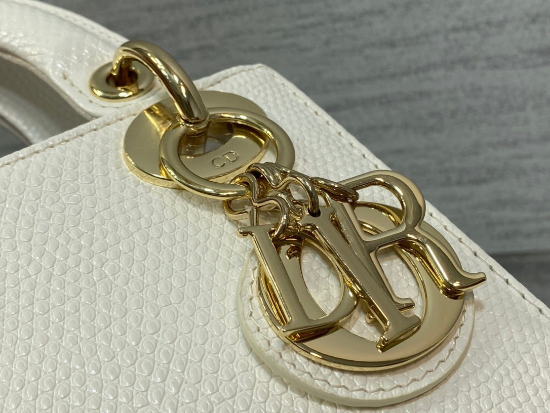 Dior Mini Lady 17 Bag in White Embossed Lambskin with Golden Clasp