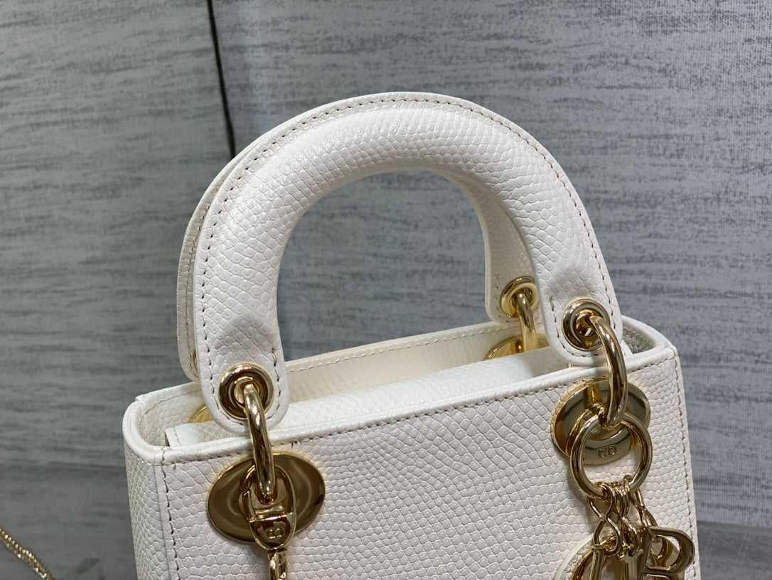 Dior Mini Lady 17 Bag in White Embossed Lambskin with Golden Clasp