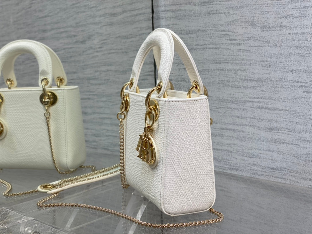 Dior Mini Lady 17 Bag in White Embossed Lambskin with Golden Clasp
