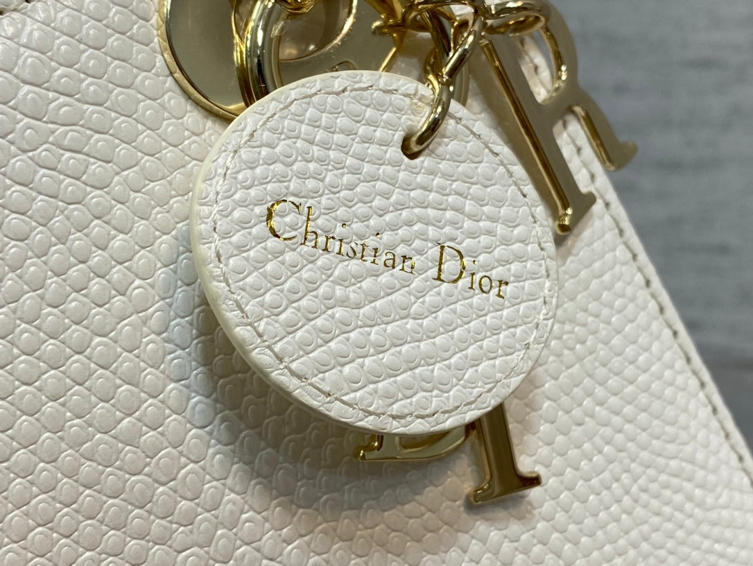 Dior Mini Lady 17 Bag in White Embossed Lambskin with Golden Clasp