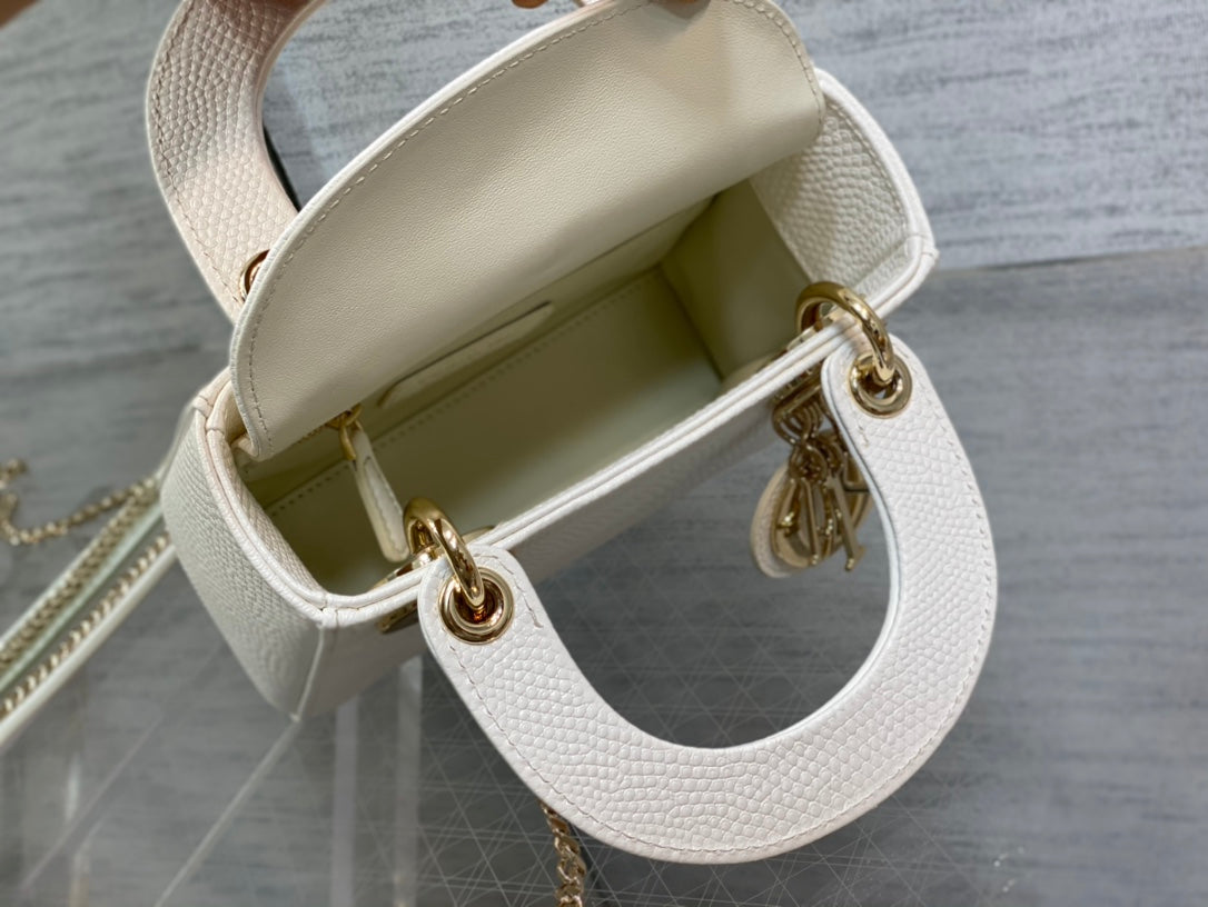 Dior Mini Lady 17 Bag in White Embossed Lambskin with Golden Clasp