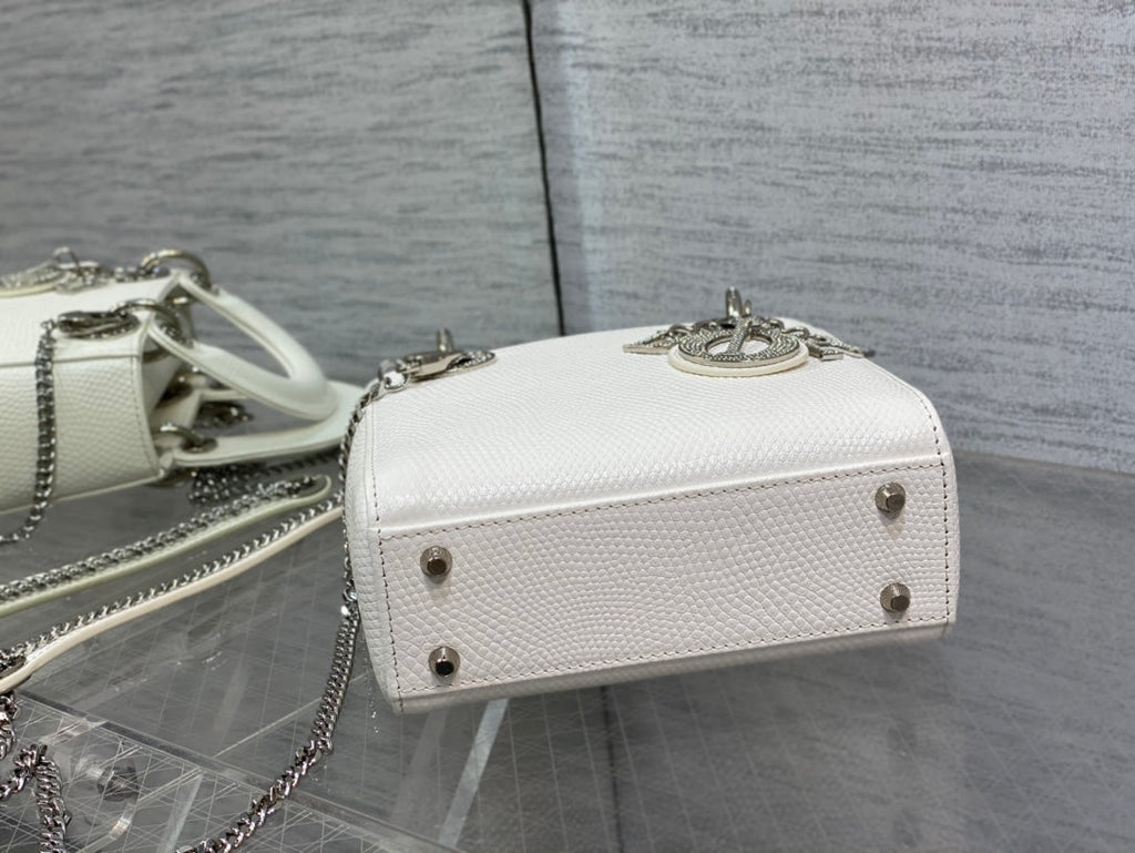 Dior Mini Lady 17 Bag in White Embossed Lambskin with Silver Clasp