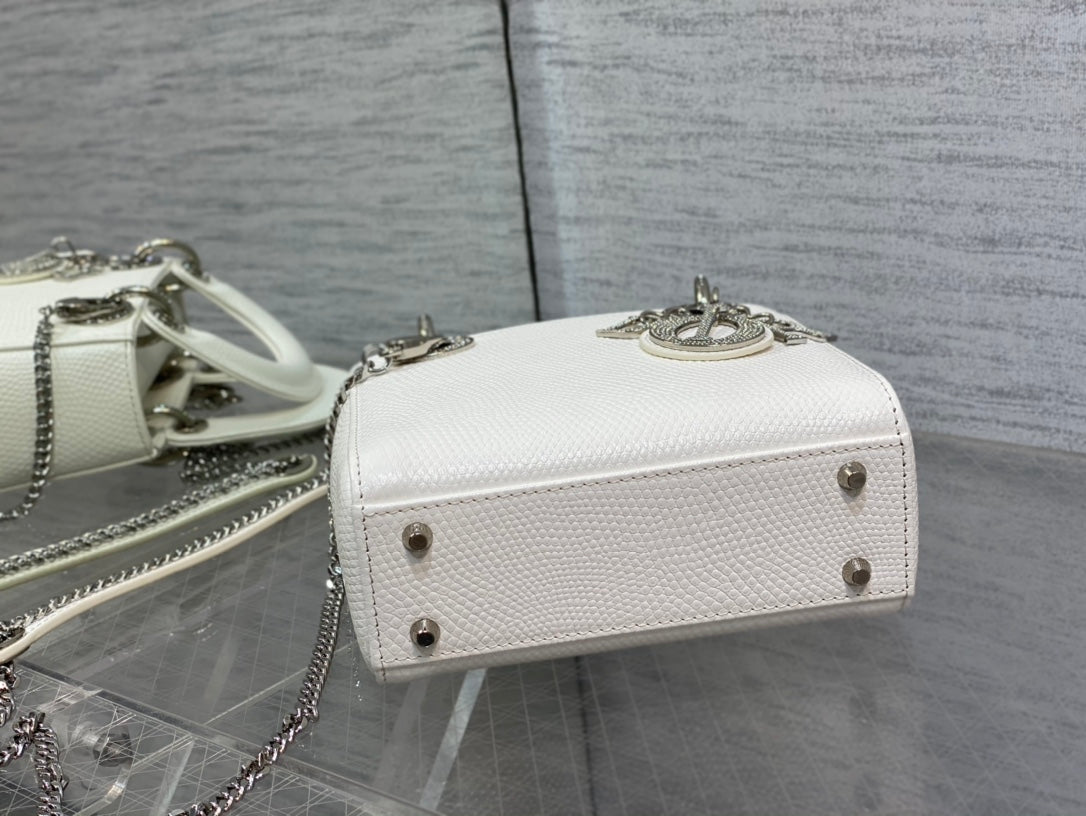 Dior Mini Lady 17 Bag in White Embossed Lambskin with Silver Clasp