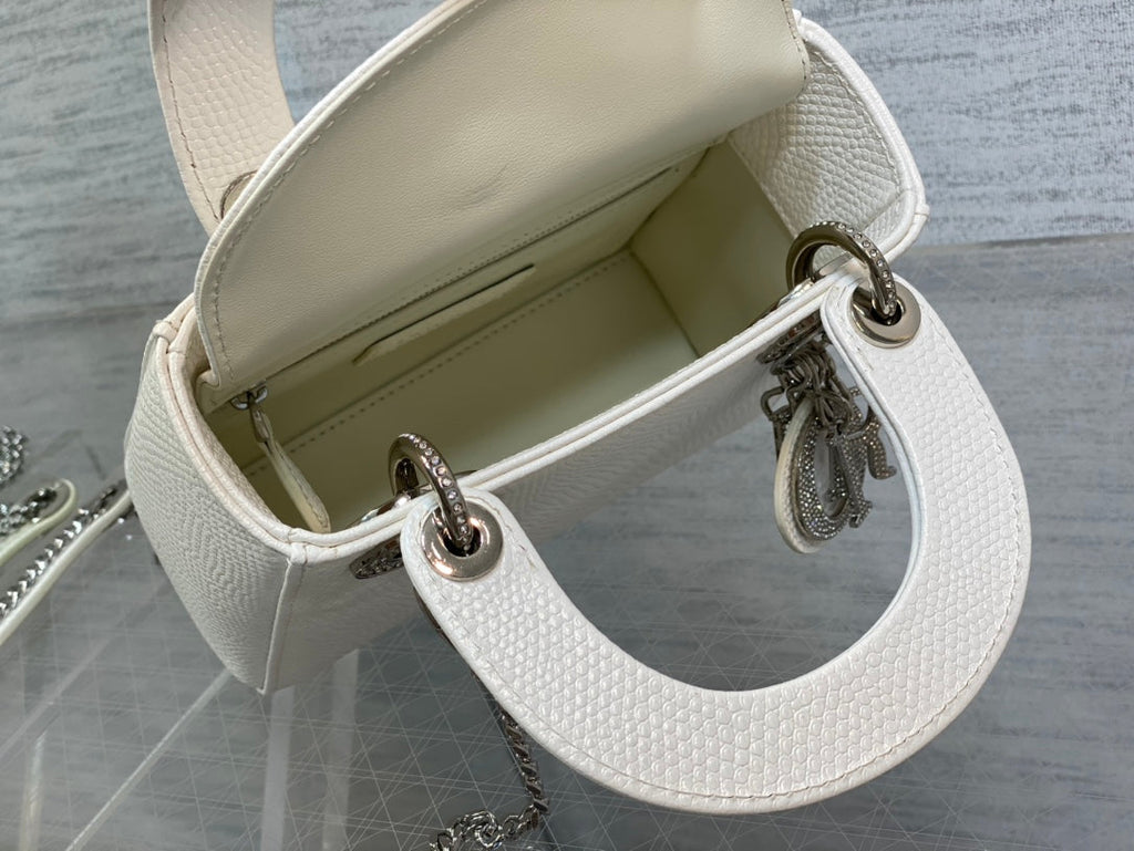 Dior Mini Lady 17 Bag in White Embossed Lambskin with Silver Clasp