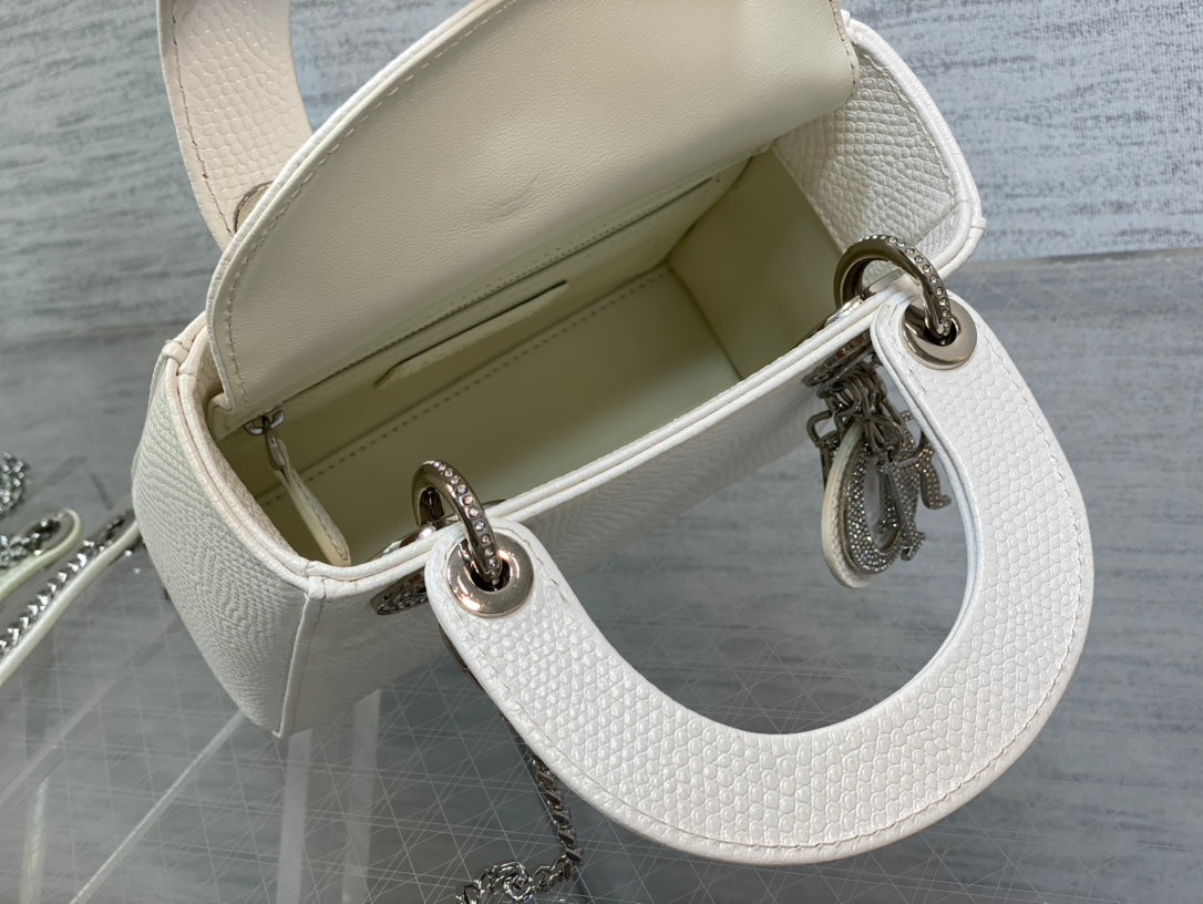 Dior Mini Lady 17 Bag in White Embossed Lambskin with Silver Clasp