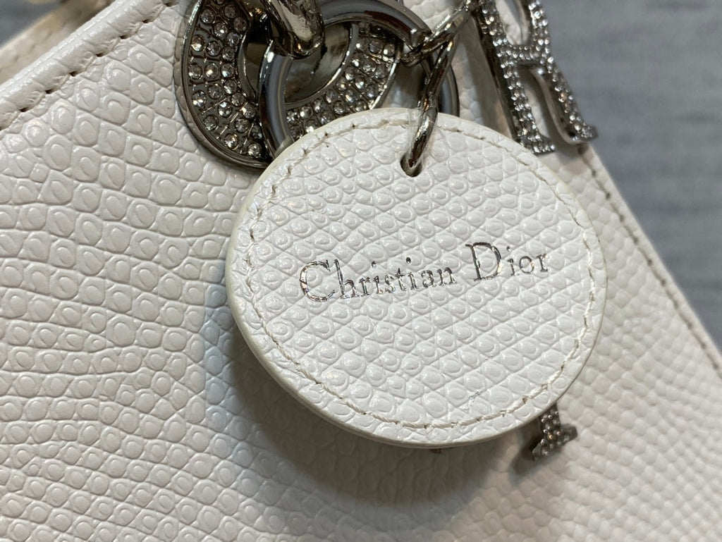 Dior Mini Lady 17 Bag in White Embossed Lambskin with Silver Clasp