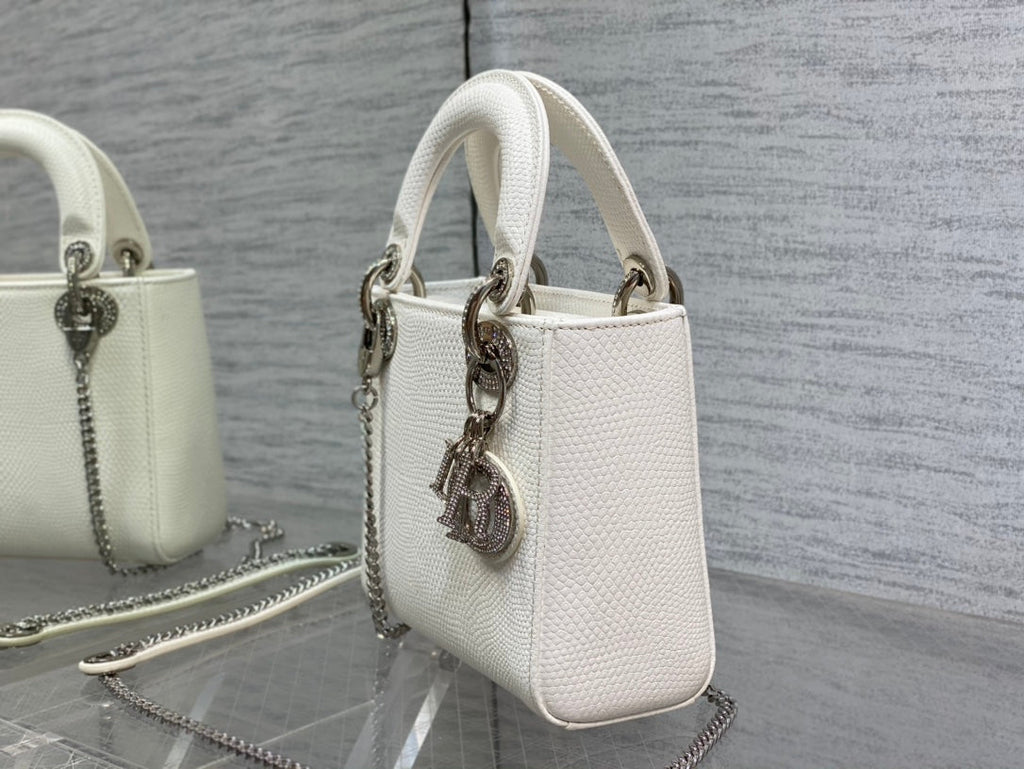 Dior Mini Lady 17 Bag in White Embossed Lambskin with Silver Clasp