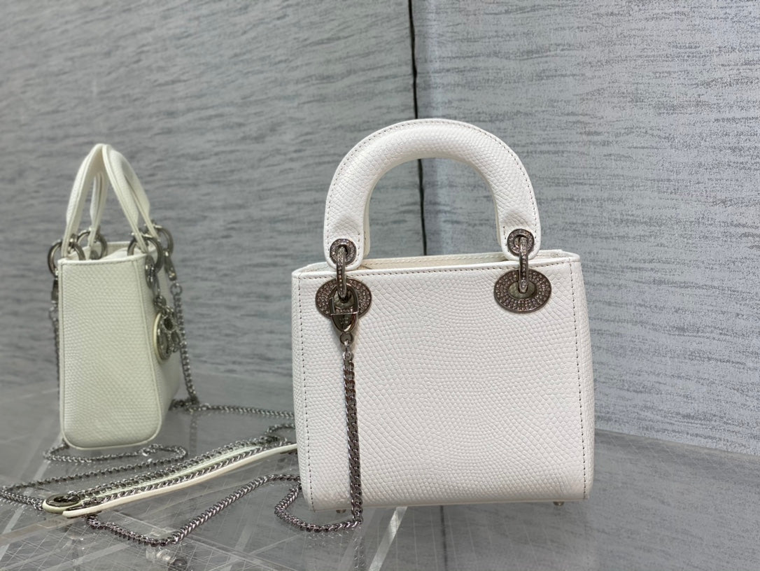 Dior Mini Lady 17 Bag in White Embossed Lambskin with Silver Clasp