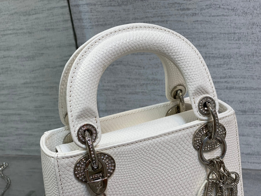 Dior Mini Lady 17 Bag in White Embossed Lambskin with Silver Clasp