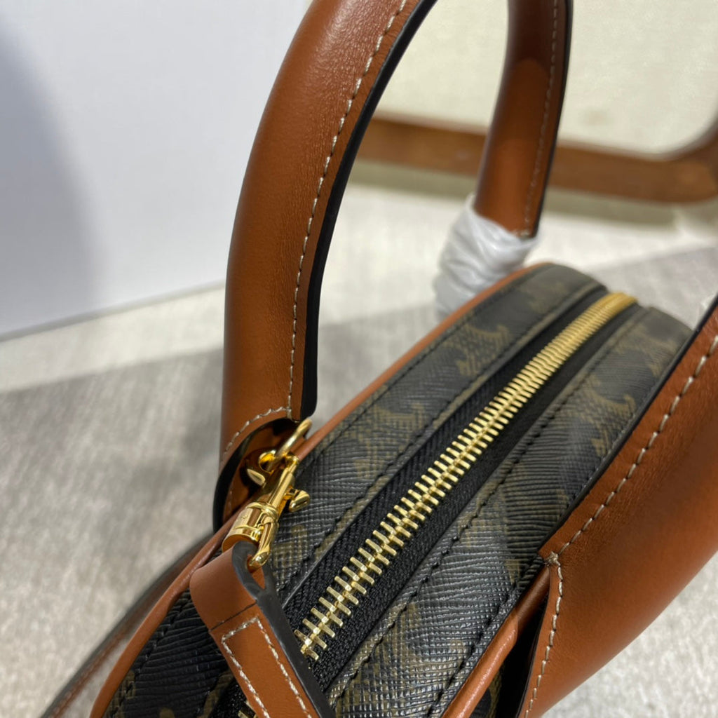 Celine Top Handle Bag 20 in Black Triomphe Canvas and Brown Calfskin