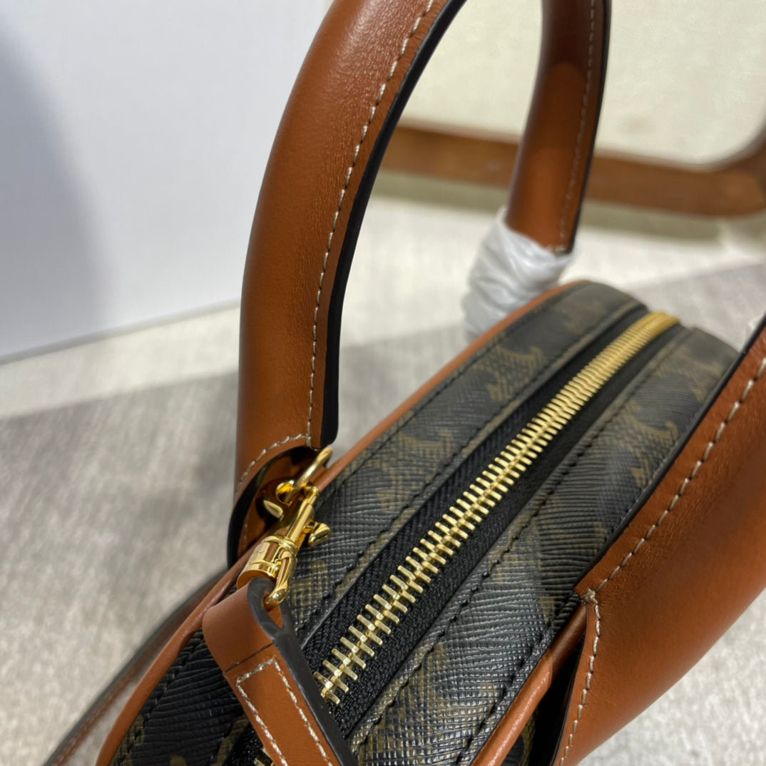 Celine Top Handle Bag 20 in Black Triomphe Canvas and Brown Calfskin