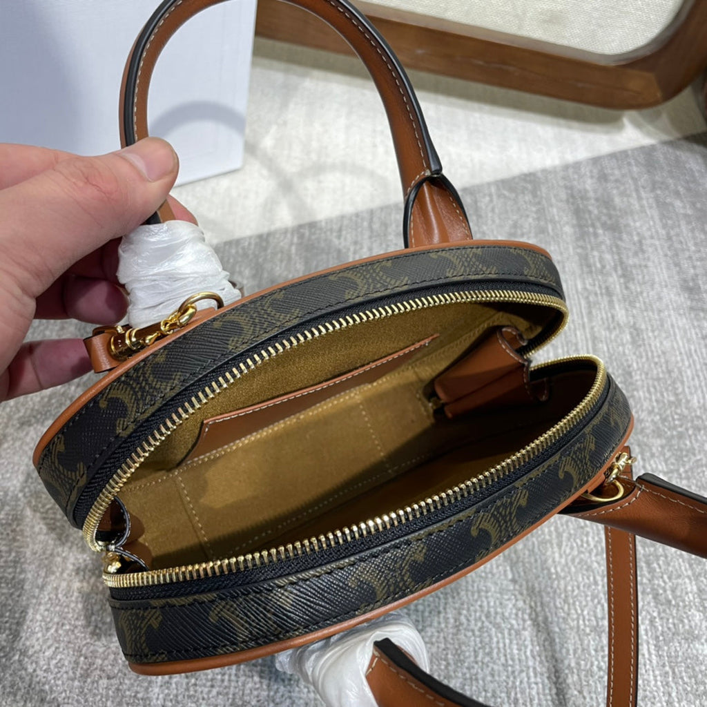 Celine Top Handle Bag 20 in Black Triomphe Canvas and Brown Calfskin
