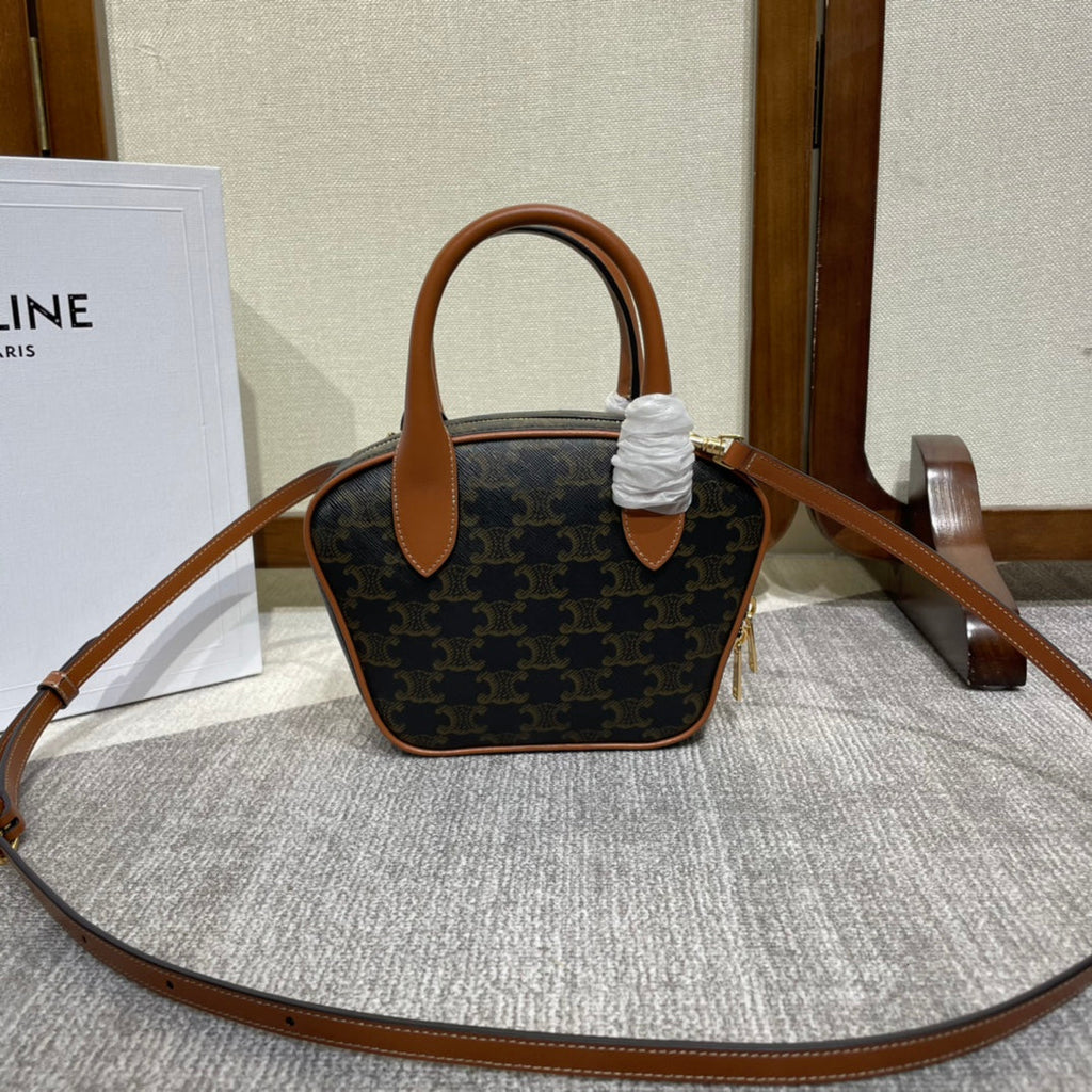 Celine Top Handle Bag 20 in Black Triomphe Canvas and Brown Calfskin