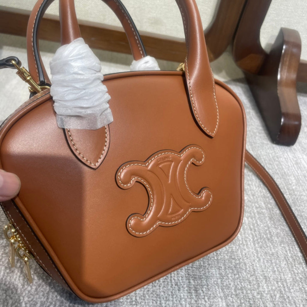 Celine Triomphe Top Handle Bag 20 in Bronze Brown Calfskin