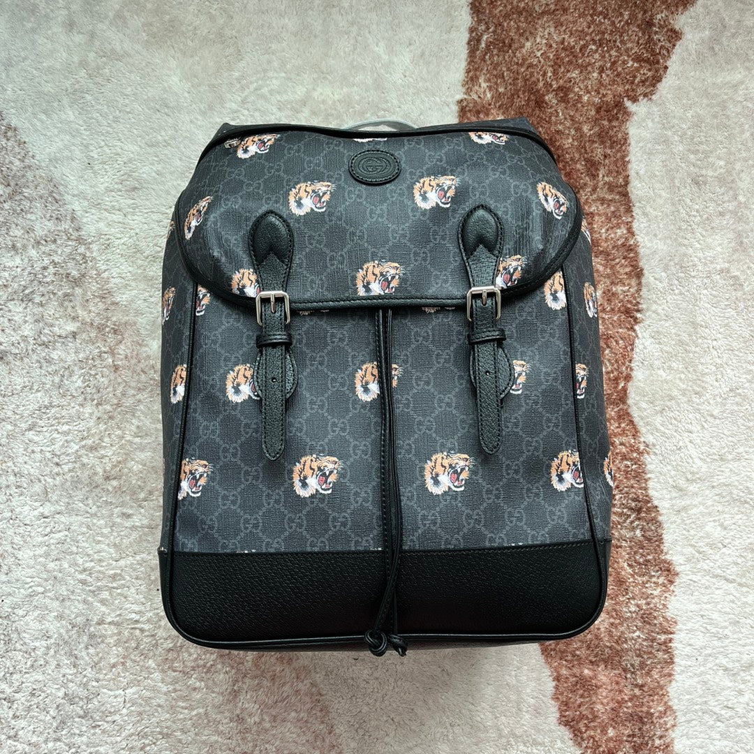 Gucci Tiger Print Medium Backpack 43 in Black Canvas and Leather Trim