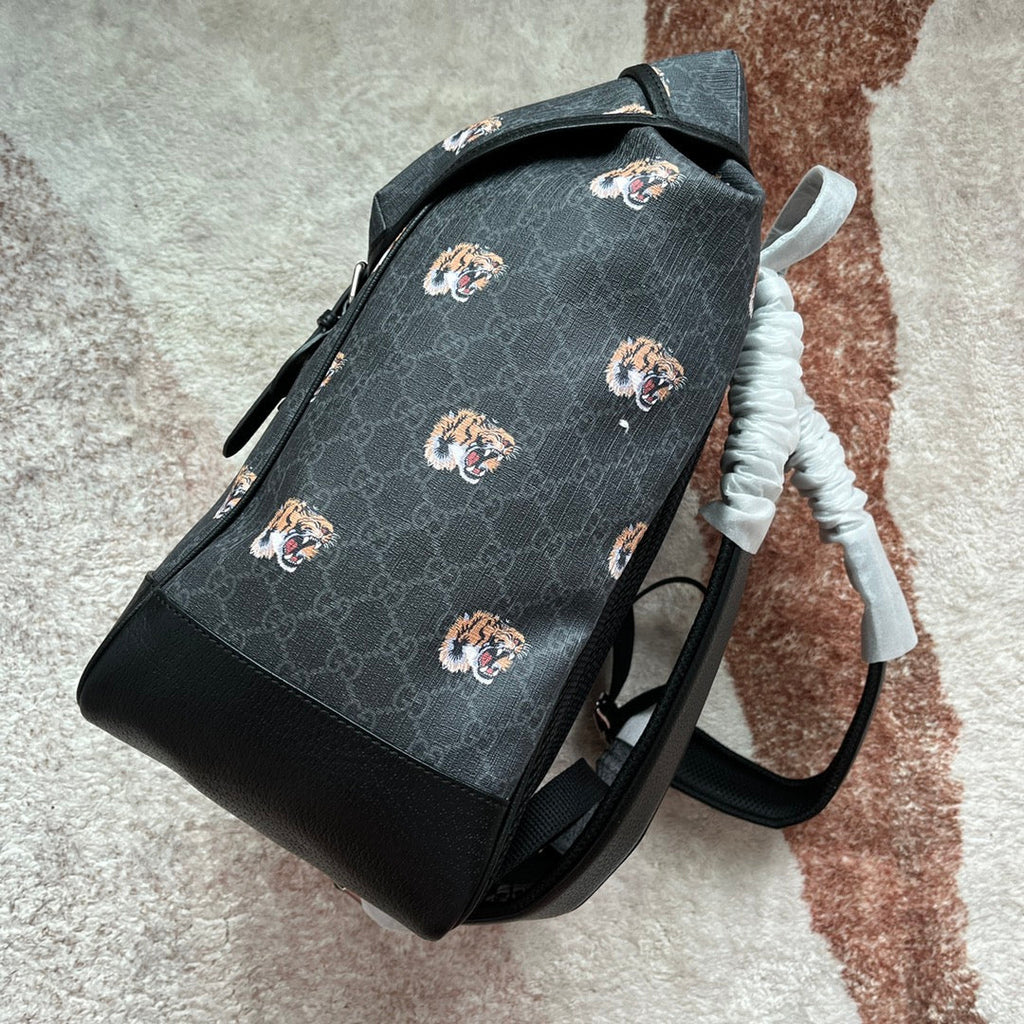 Gucci Tiger Print Medium Backpack 43 in Black Canvas and Leather Trim