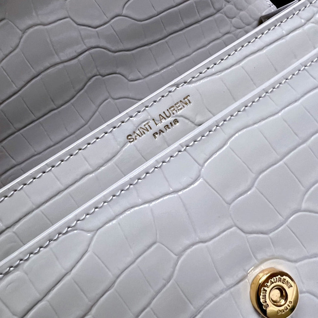 Saint Laurent Sunset Medium 22 in White Crocodile Pattern Calfskin Gold Hardware Bag