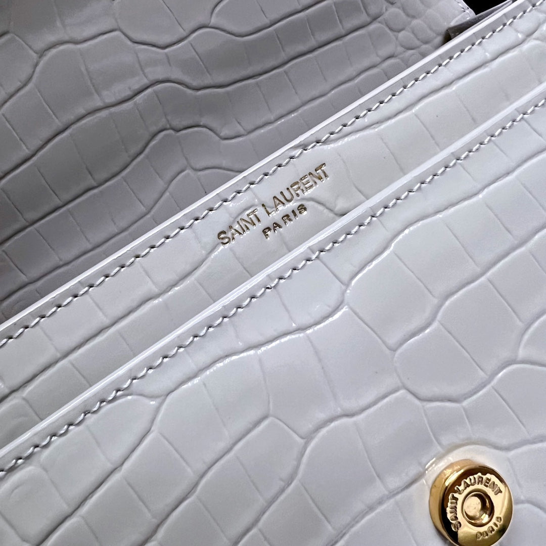 Saint Laurent Sunset Medium 22 in White Crocodile Pattern Calfskin Gold Hardware Bag