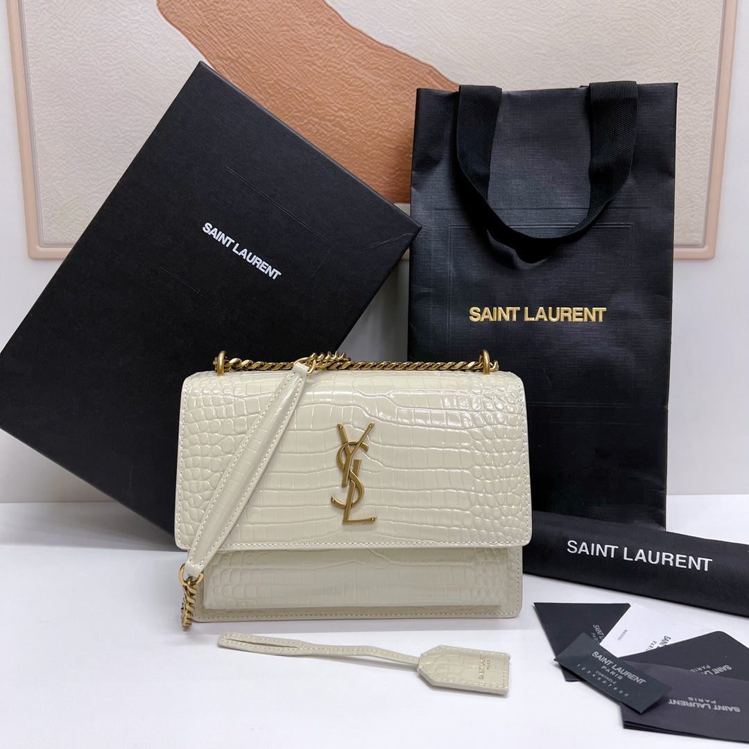 Saint Laurent Sunset Medium 22 in White Crocodile Pattern Calfskin Gold Hardware Bag