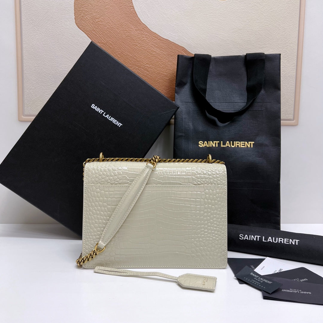 Saint Laurent Sunset Medium 22 in White Crocodile Pattern Calfskin Gold Hardware Bag