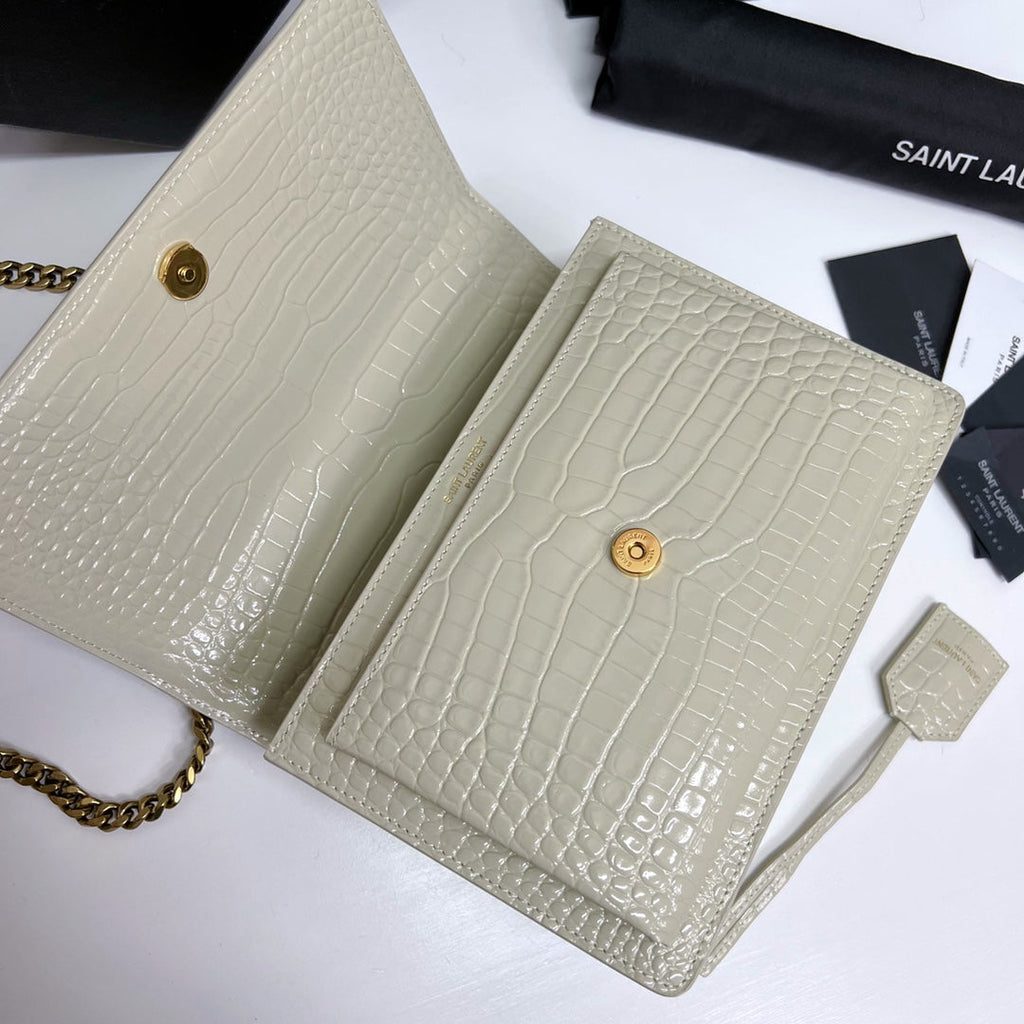 Saint Laurent Sunset Medium 22 in White Crocodile Pattern Calfskin Gold Hardware Bag