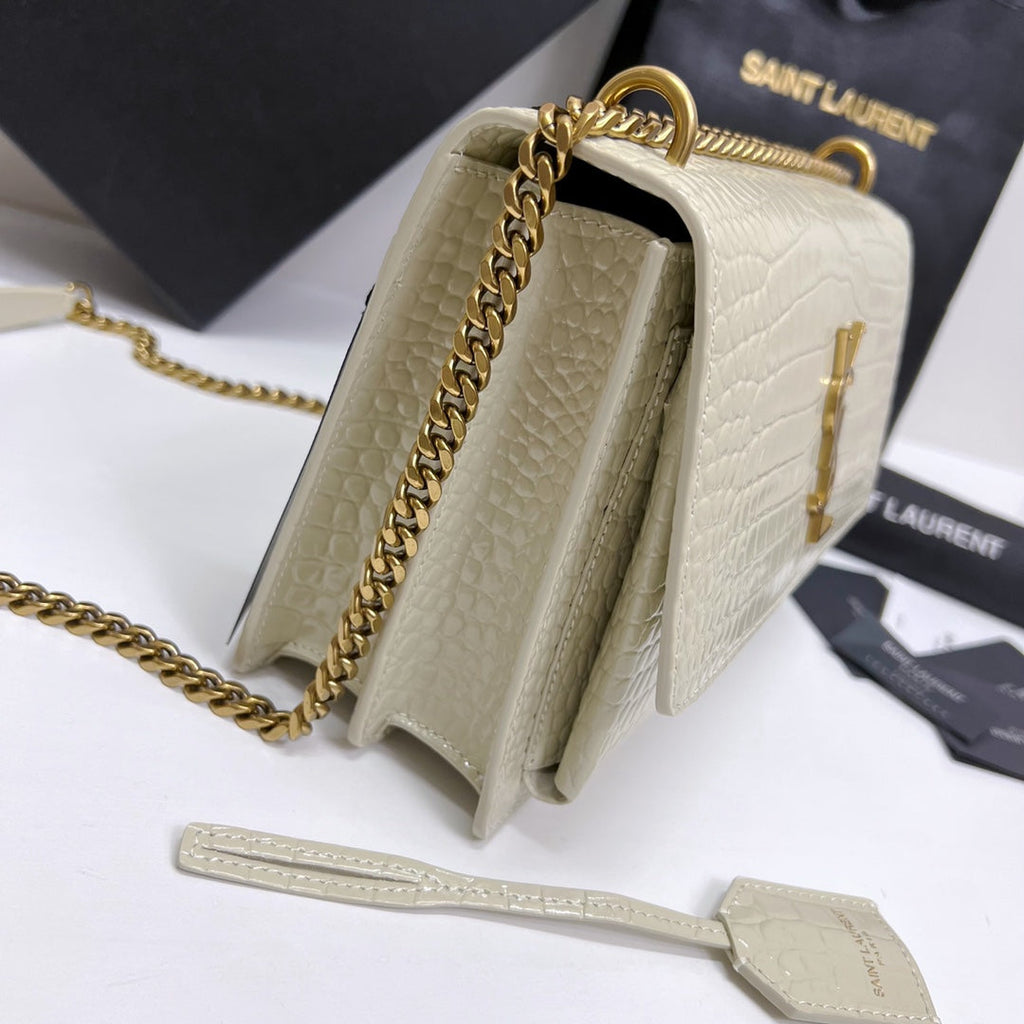Saint Laurent Sunset Medium 22 in White Crocodile Pattern Calfskin Gold Hardware Bag