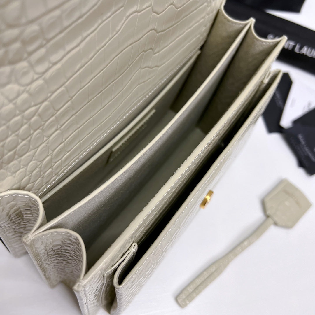 Saint Laurent Sunset Medium 22 in White Crocodile Pattern Calfskin Gold Hardware Bag