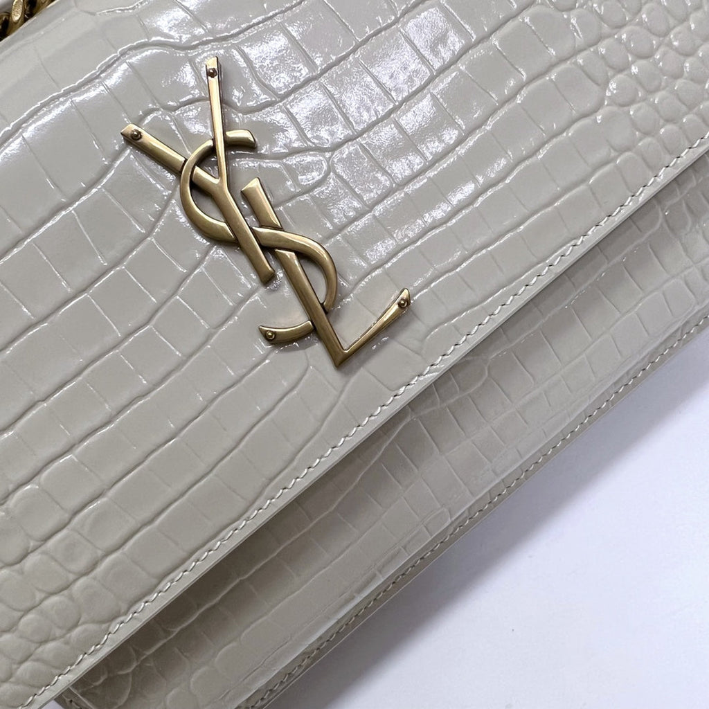 Saint Laurent Sunset Medium 22 in White Crocodile Pattern Calfskin Gold Hardware Bag