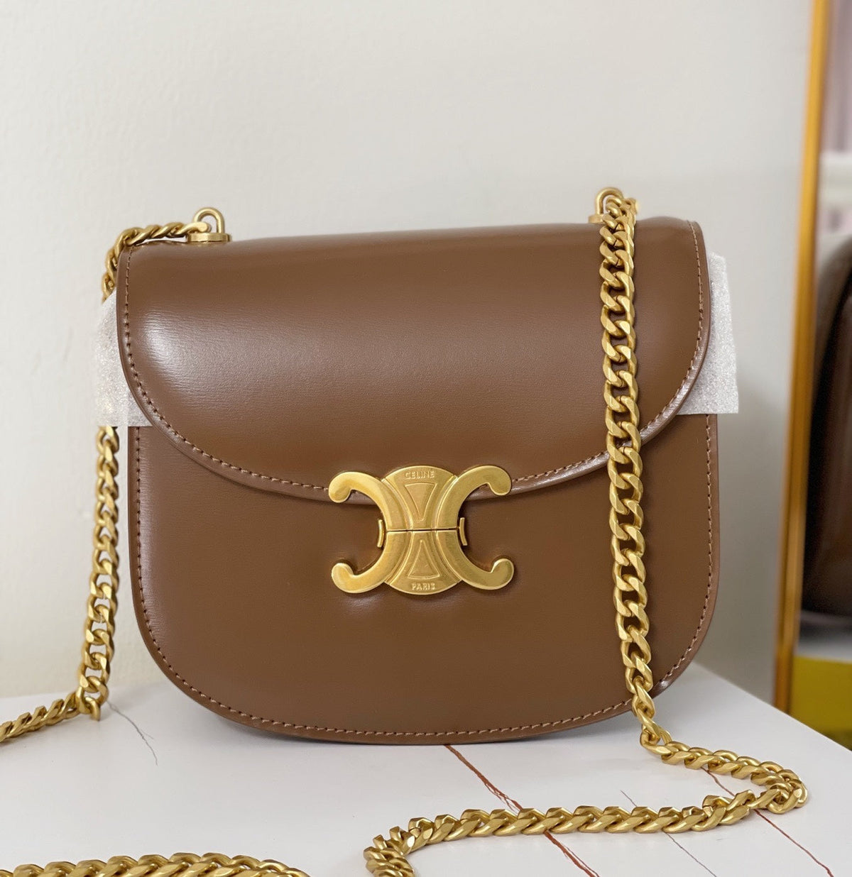 Celine Triphome 19 Saddle Bag Caramel Brown Calfskin