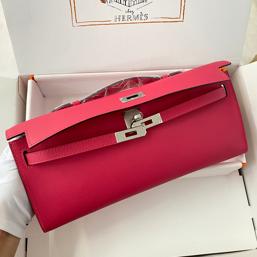 Hermes Kelly Cut 31 in Cherry Red Calfskin with Silver Hardware Bag