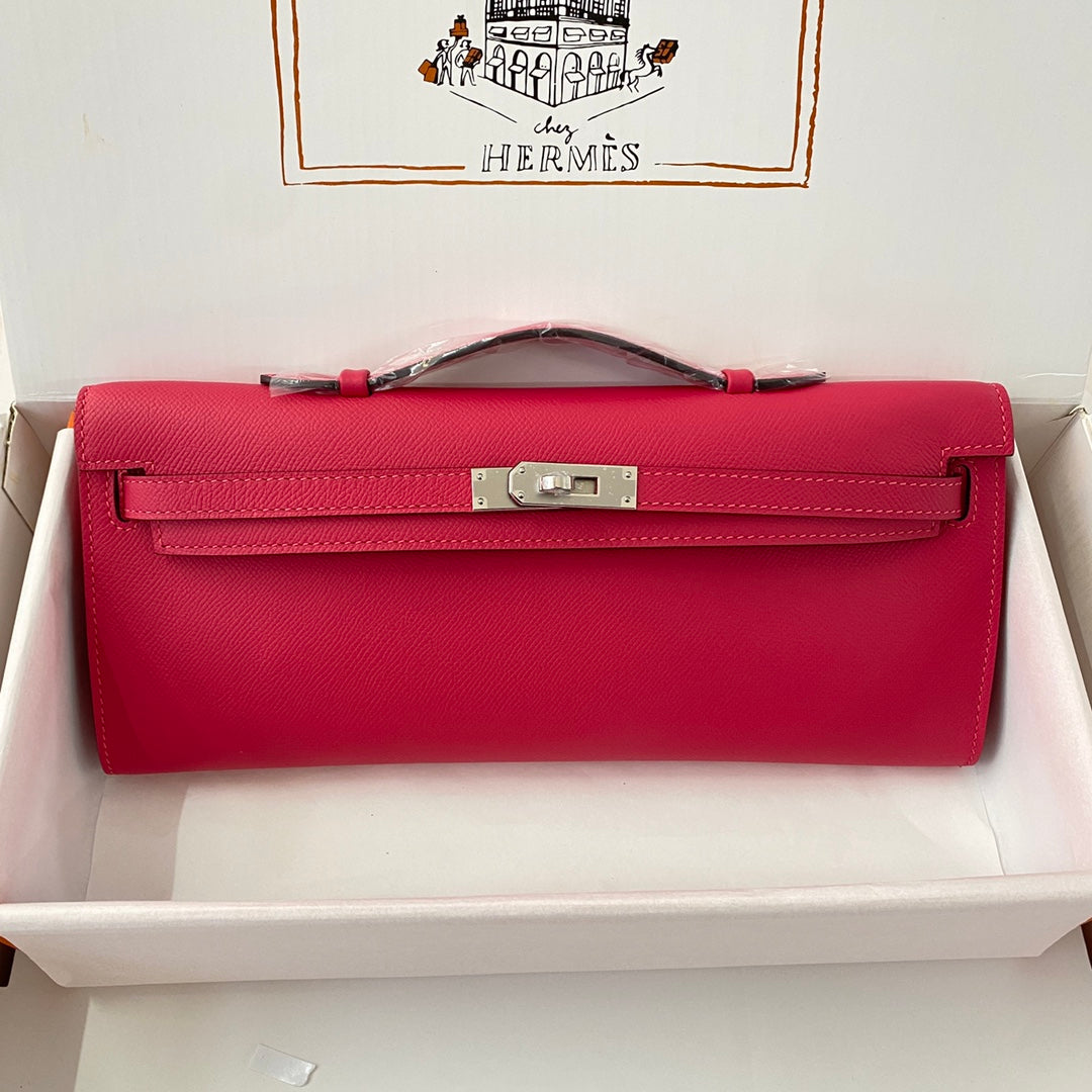 Hermes Kelly Cut 31 in Cherry Red Calfskin with Silver Hardware Bag
