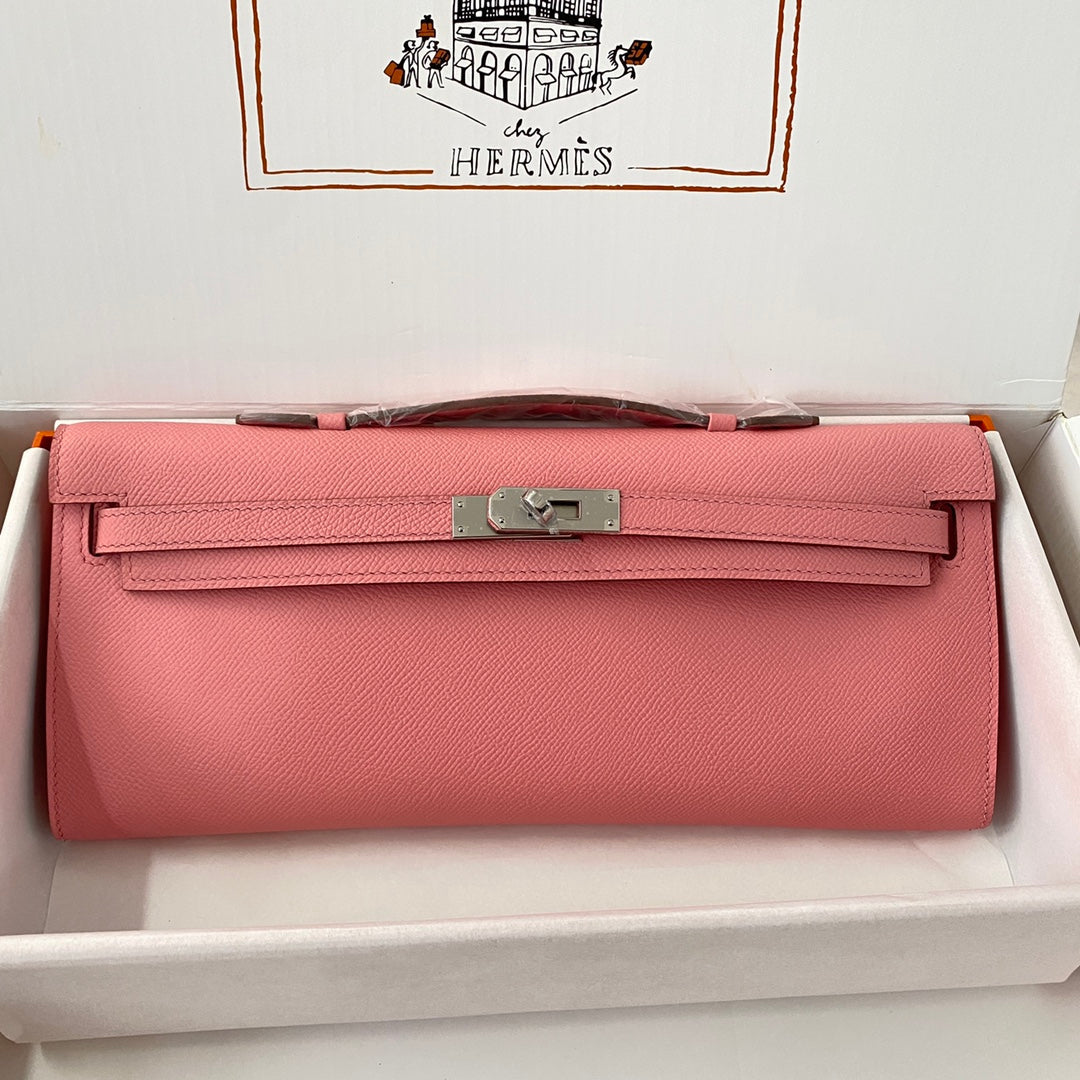 Hermes Kelly Cut 31 in Salmon Pink Calfskin with Silver Hardware Bag