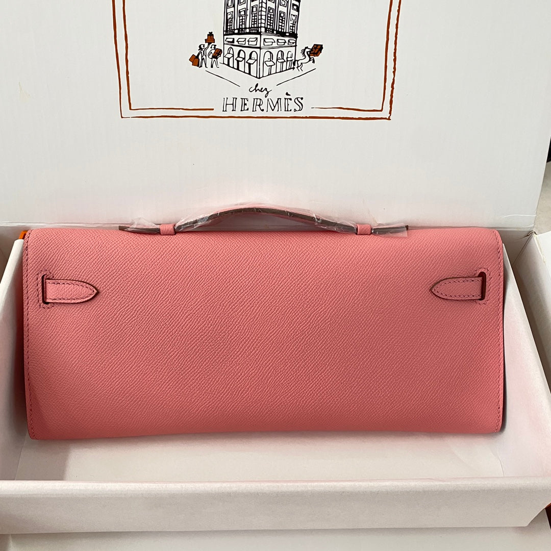 Hermes Kelly Cut 31 in Salmon Pink Calfskin with Silver Hardware Bag