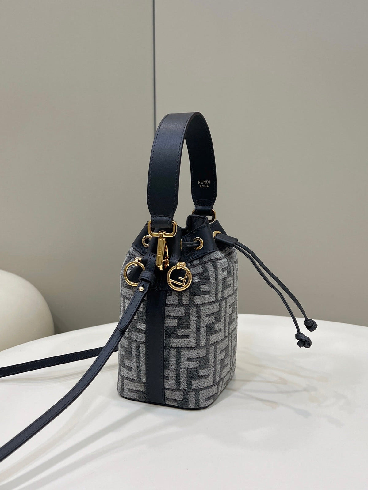 Fendi Mon Tresor Mini 18 Bag in Black Mix Grey Ff Fabric with Gold Hardware