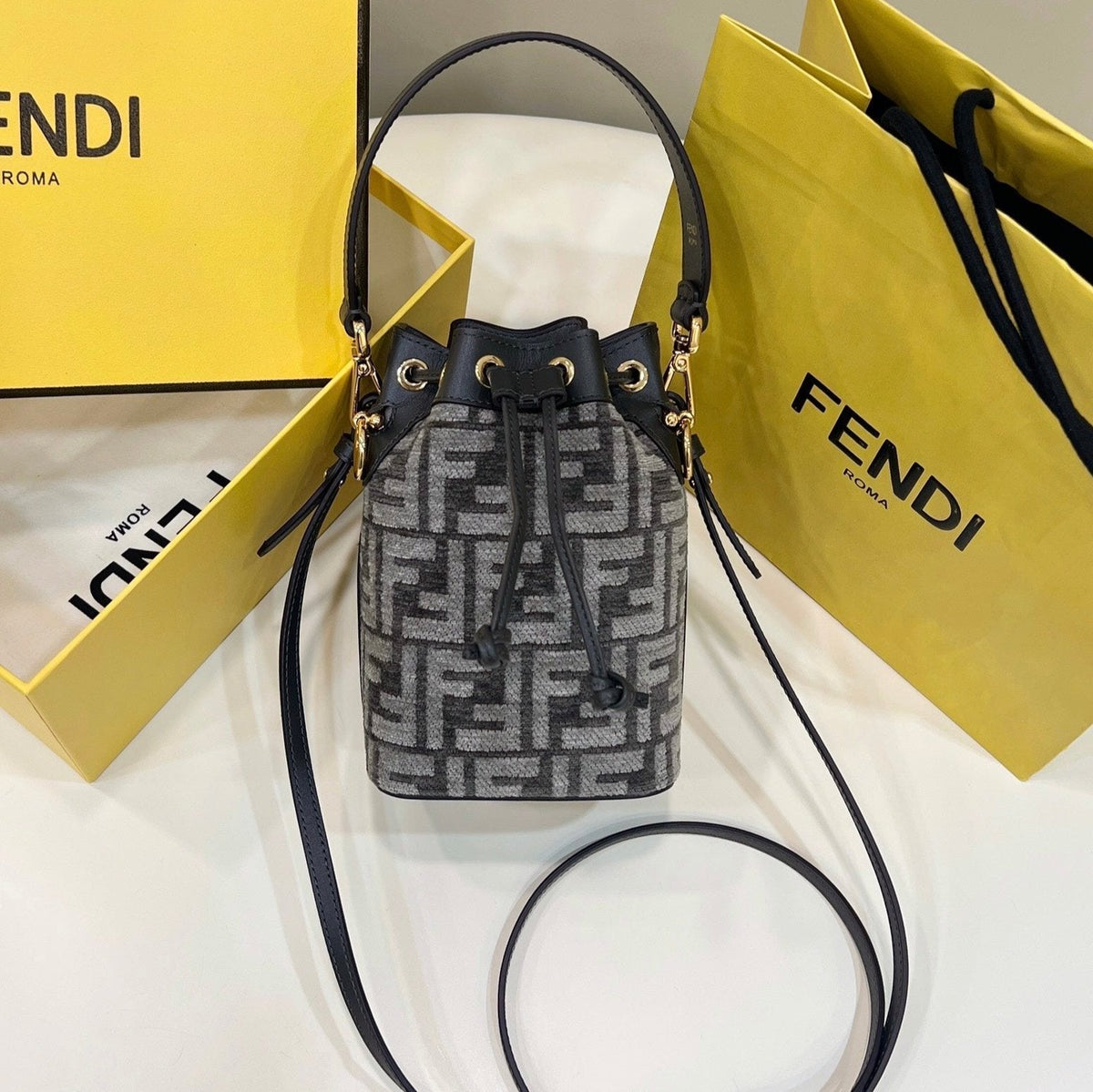 Fendi Mon Tresor Mini 18 Bag in Black Mix Grey Ff Fabric with Gold Hardware