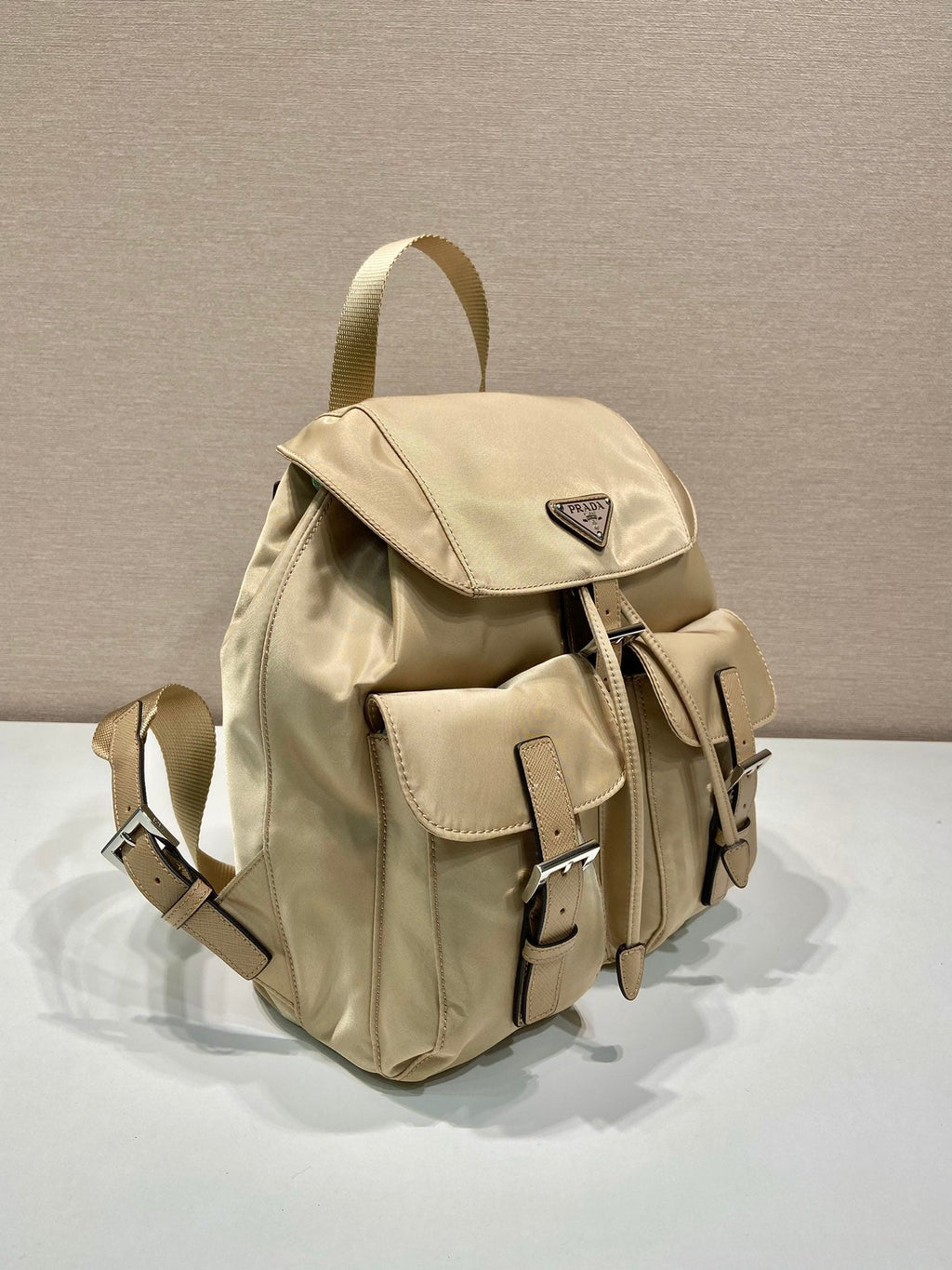 Prada Small Backpack 28 in Shoelace Beige Parachute Fabric