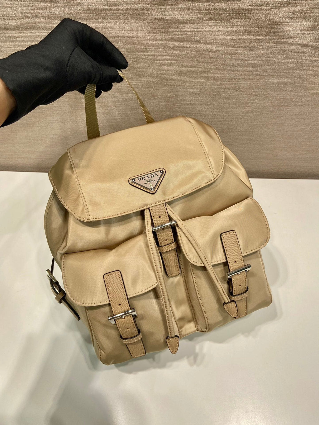 Prada Small Backpack 28 in Shoelace Beige Parachute Fabric
