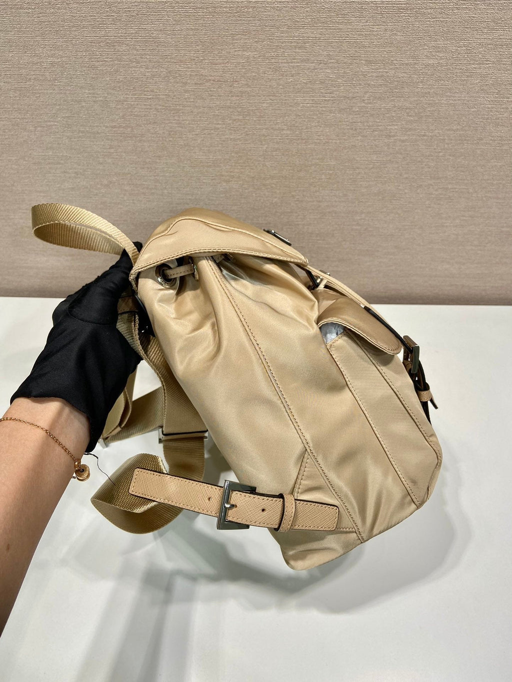 Prada Small Backpack 28 in Shoelace Beige Parachute Fabric