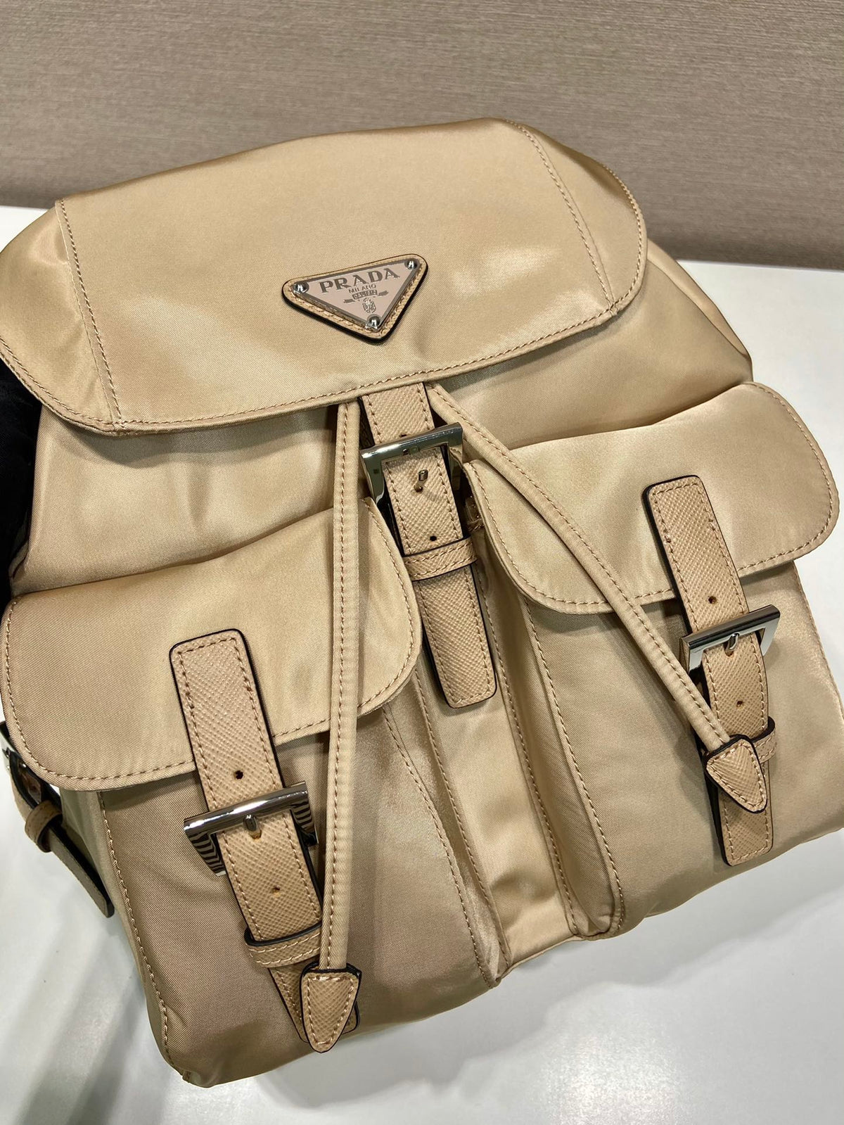 Prada Small Backpack 28 in Shoelace Beige Parachute Fabric