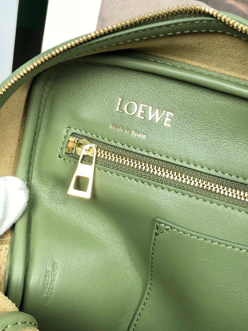 Loewe Amazona 28 Bag in Olive Green Calfskin and Beige Monogram Fabric
