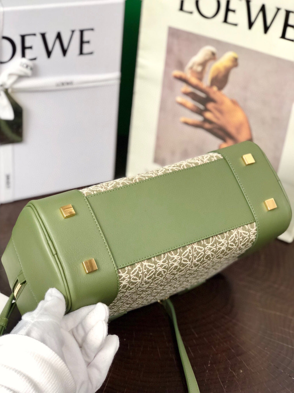 Loewe Amazona 28 Bag in Olive Green Calfskin and Beige Monogram Fabric