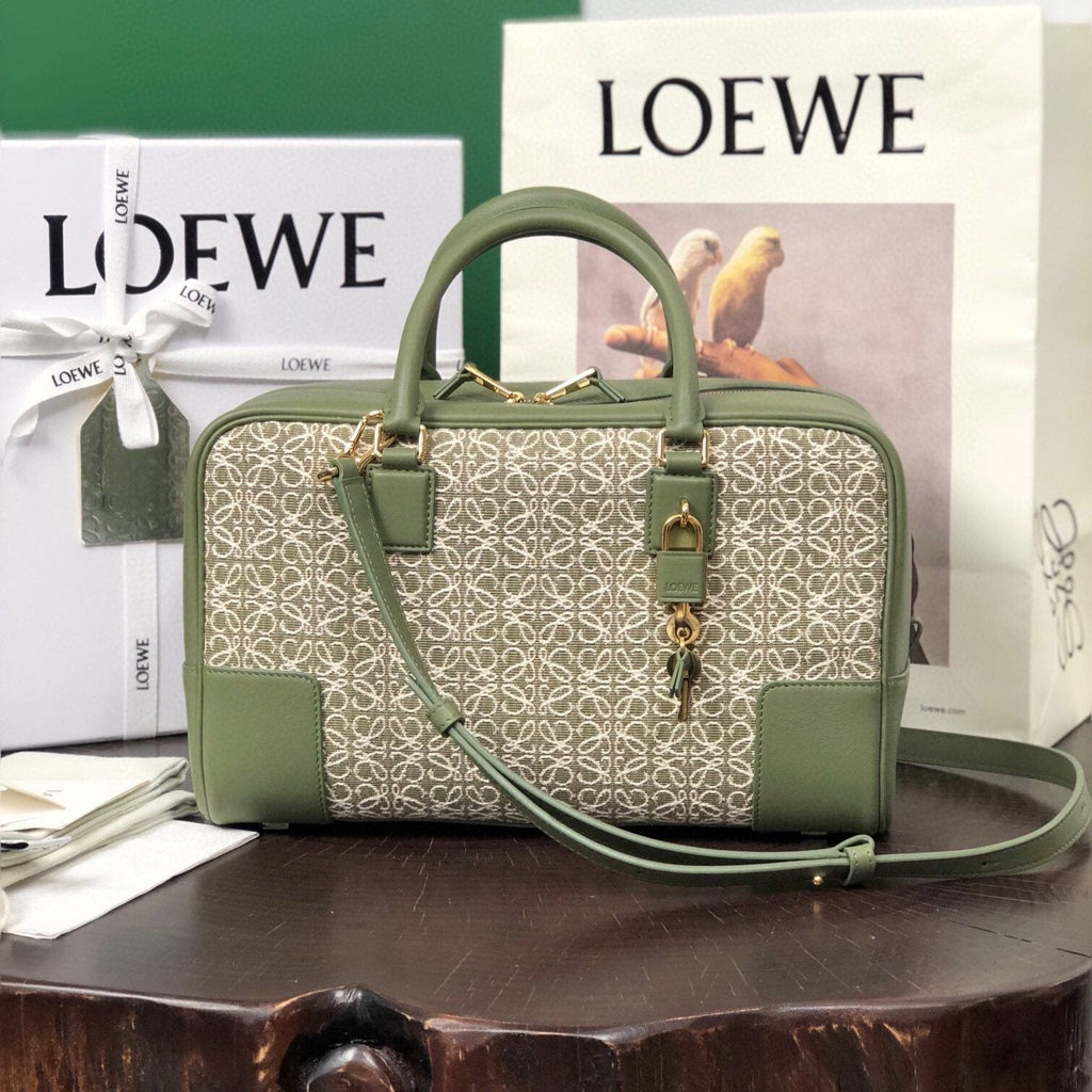 Loewe Amazona 28 Bag in Olive Green Calfskin and Beige Monogram Fabric