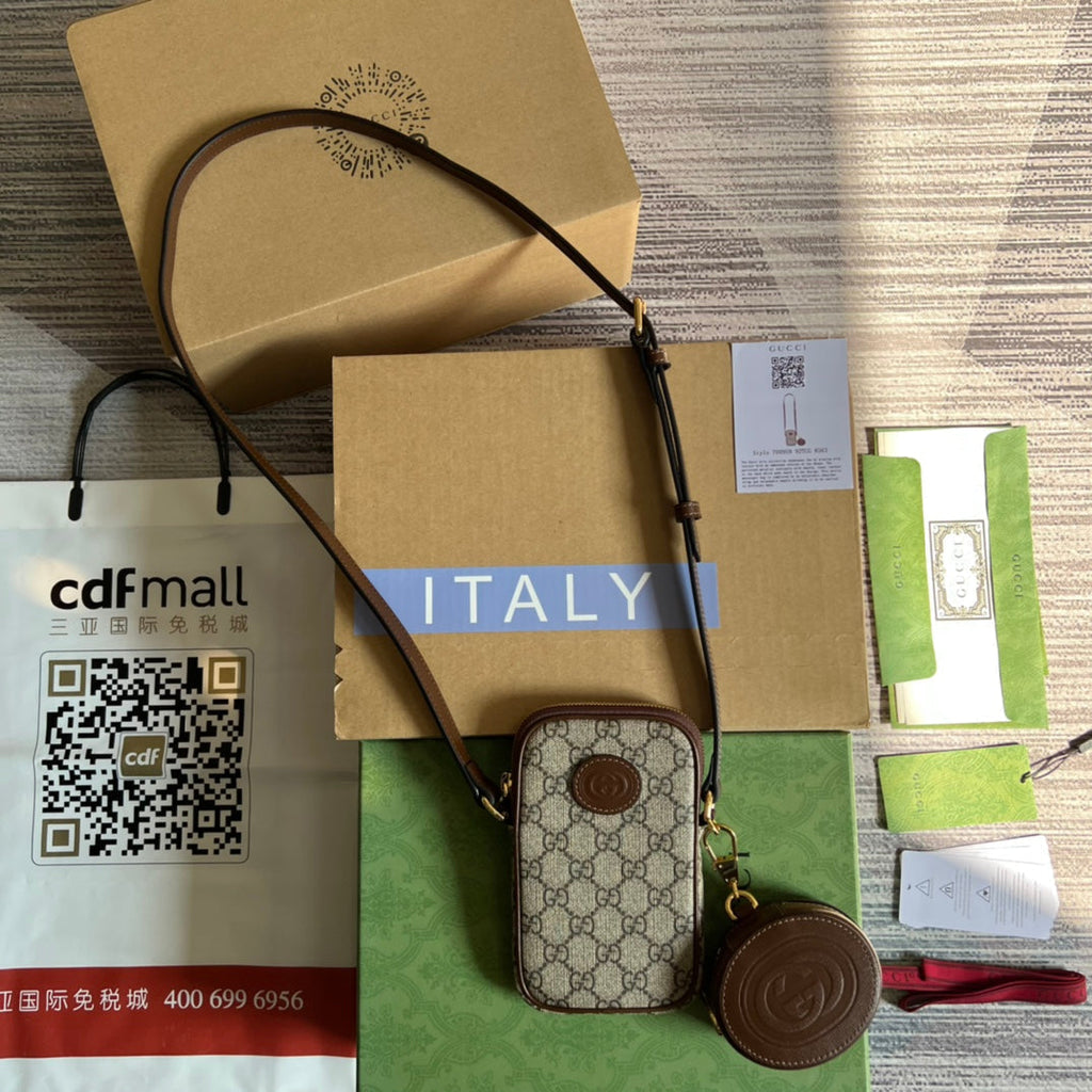 Gucci Mini Bag 17 in Brown Calfskin and Beige Canvas