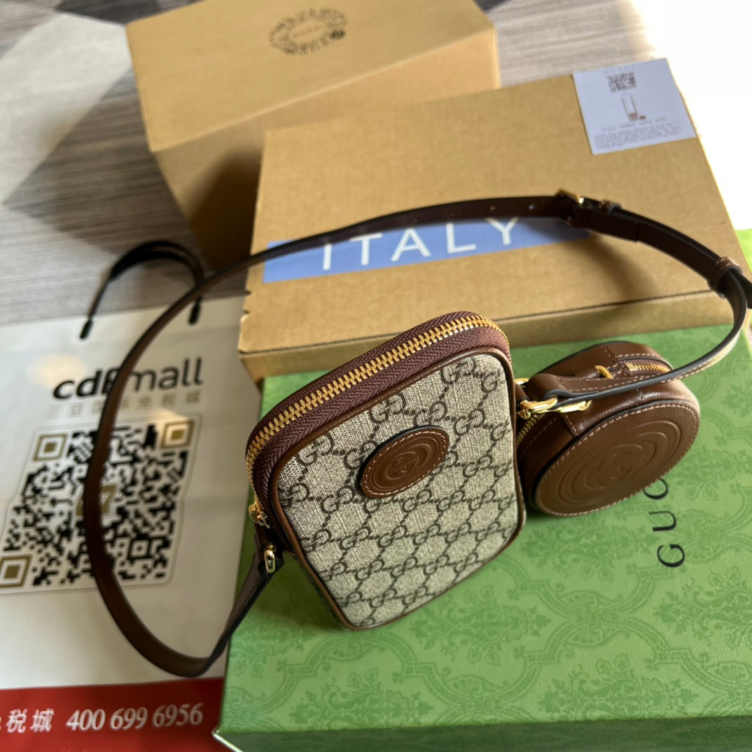 Gucci Mini Bag 17 in Brown Calfskin and Beige Canvas