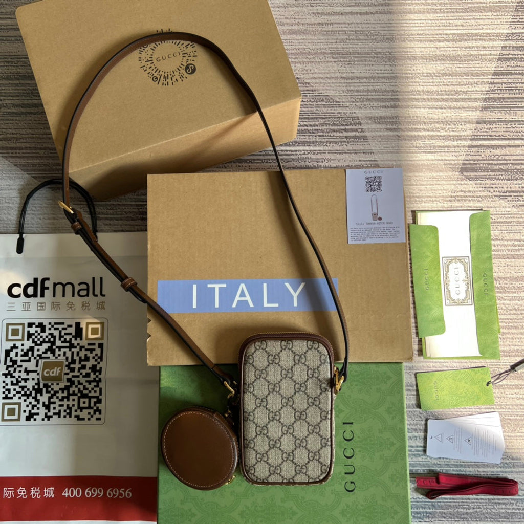 Gucci Mini Bag 17 in Brown Calfskin and Beige Canvas